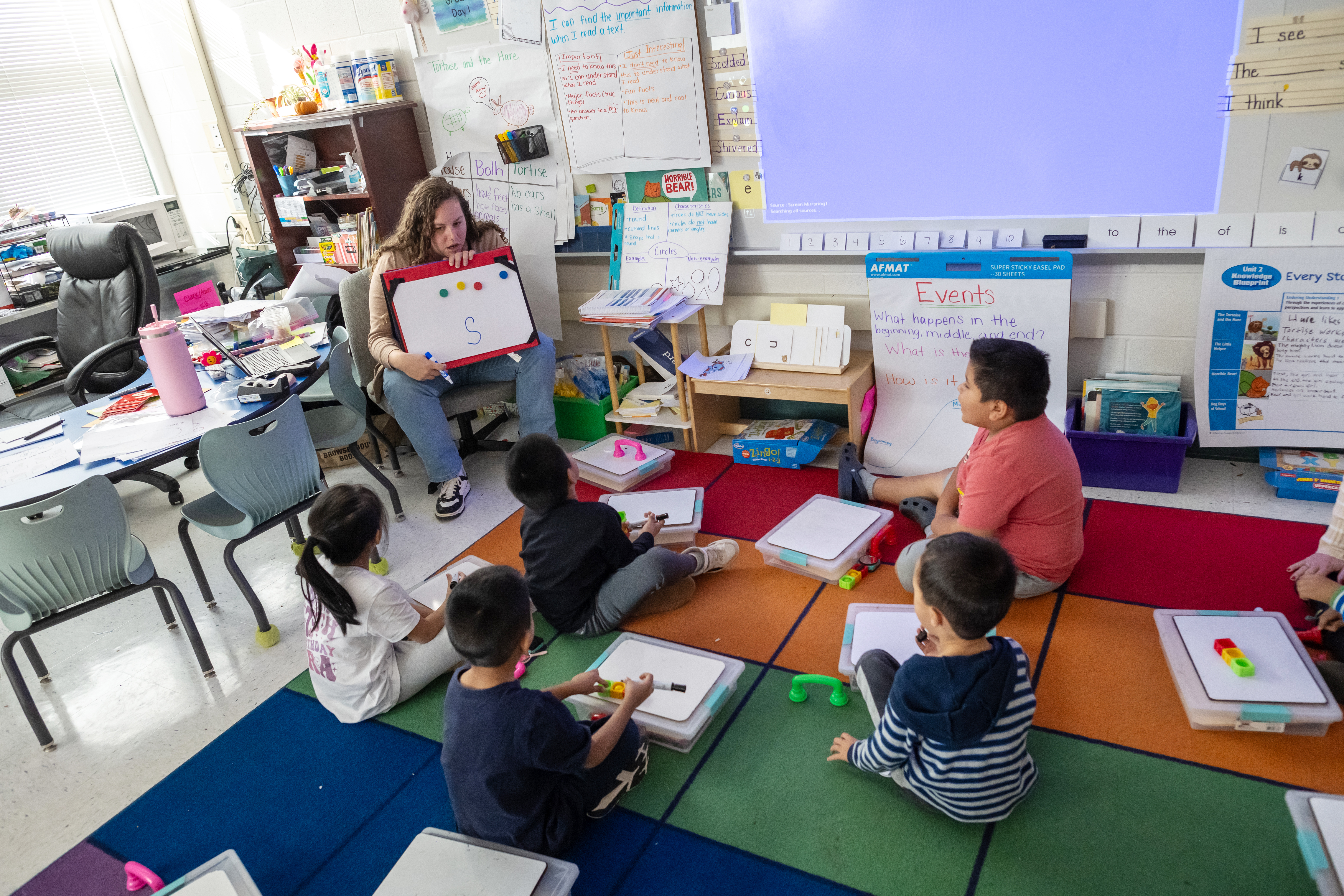 Kindergarten teacher and her students during a literacy lesson. The students are sitting on a multicolored carpet while facing the teacher.