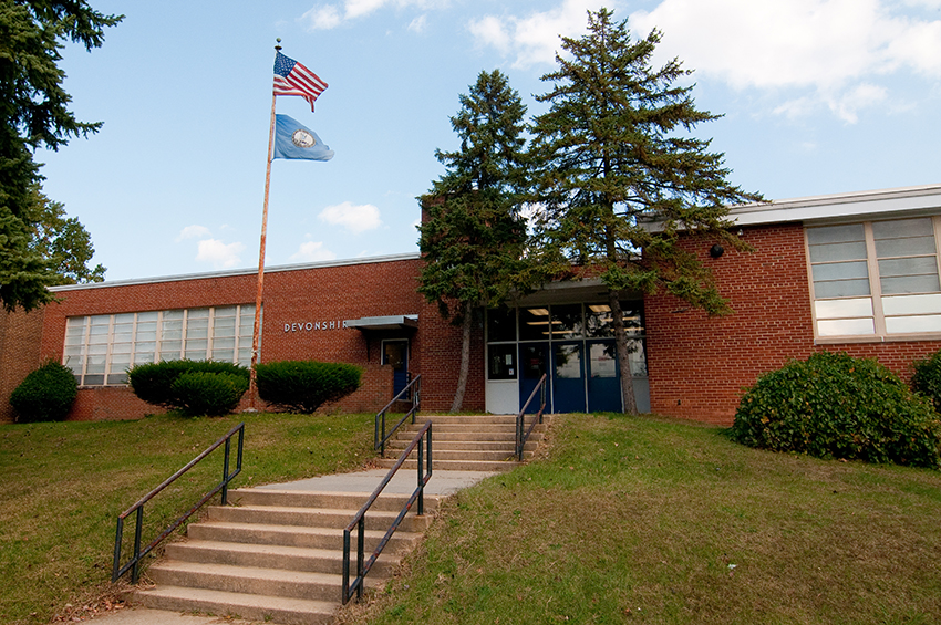 Color photograph of the exterior of Devonshire Elementary School after its conversion into an administrative office.