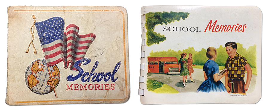 Graham Road Elementary School Yearbook, Circa 1960. The cover says "School Memories" and has an image of a United States flag over a globe. Next to it is a "Dick and Jane" style illustration of children outside of a school.